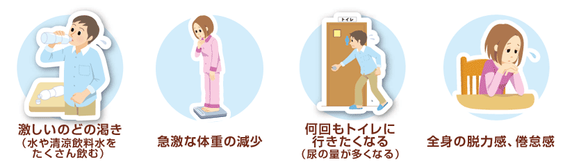 激しいのどの渇き（水や清涼飲料水をたくさん飲む）　急激な体重の減少　何回もトイレに行きたくなる（尿の量が多くなる）　全身の脱力感、倦怠感