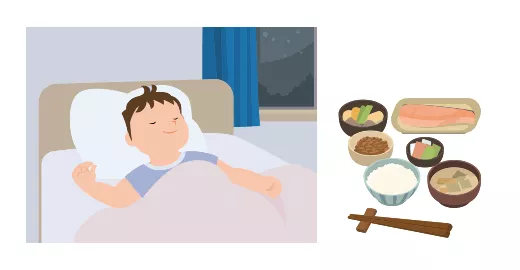 イメージ：眠っている男の子とバランスの良い食事のイラスト