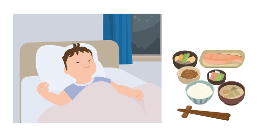 イメージ:眠っている男の子とバランスの良い食事のイラスト