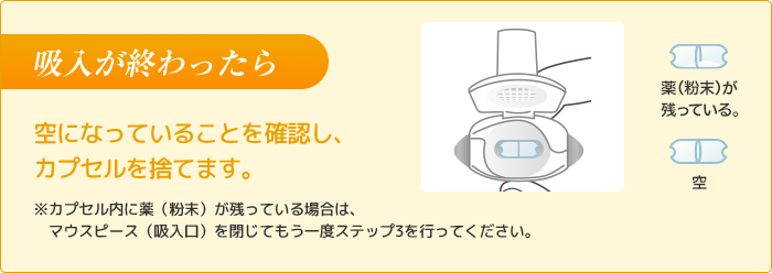 吸入が終わったら 空になっていることを確認し、カプセルを捨てます。※カプセル内に薬（粉末）が残っている場合は、マウスピース（吸入口）を閉じてもう一度ステップ3を行ってください。