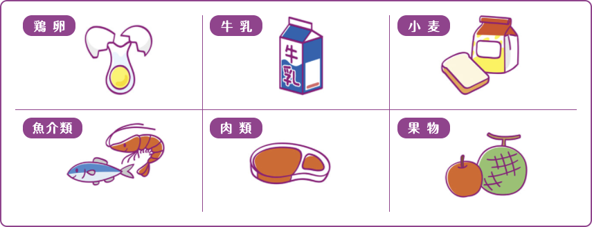 代表的な食物アレルゲン：鶏卵、牛乳、小麦、魚介類、肉類、果物