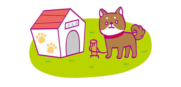 イメージ：犬小屋の前でリードに繋がれている柴犬のイラスト
