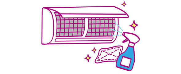 イメージ：エアコンのフィルターと清掃用の雑巾と霧吹きのイラスト