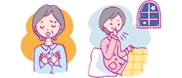 イメージ：両手を胸に当てて苦しむ女性と夜間にベットで咳き込む女性