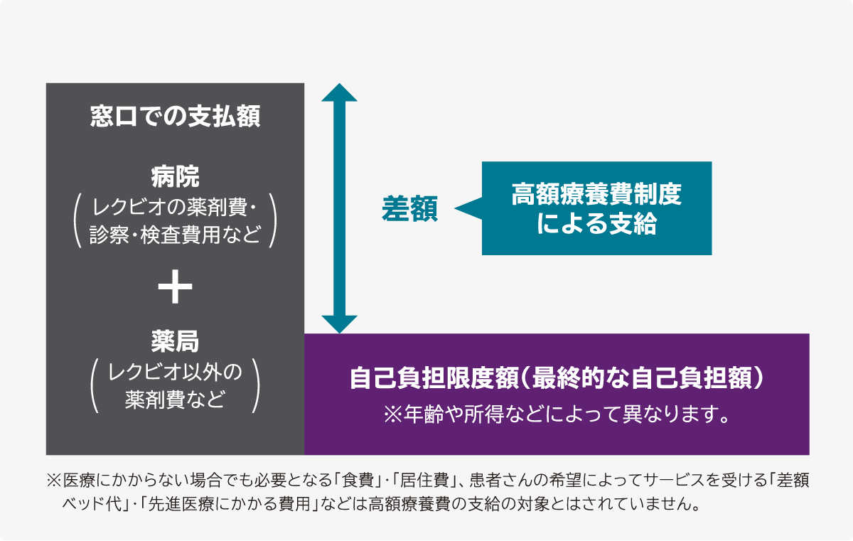 窓口での支払額 病院(レクビオの薬剤費・診察・検査費用など)+藥局(レクビオ以外の薬剤費など) 差額 高額療養費制度による支給 自己負担限度額(最終的な自己負担額)※年齢や所得などによって異なります。  ※医療にかからない場合でも必要となる「食費」・「居住費」、患者さんの希望によってサービスを受ける「差額ベッド代」・「先進医療にかかる費用」などは高額療養費の支給の対象とはされていません。