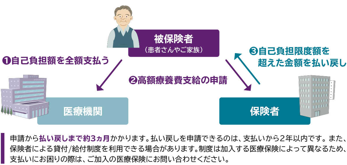 ①被保険者(患者さんやご家族)が医療機関に自己負担額を全額支払う ②高額療養費支給の申請 ③保険者が被保険者(患者さんやご家族)に自己負担額を超えた金額を払い戻し  申請から払い戻しまで約3ヵ月かかります。払い戻しを申請できるのは、支払いから2年以内です。また、保険者による貸付/給付制度を利用できる場合があります。制度は加入する医療保険によって異なるため、支払いにお困りの際は、保険者までお問い合わせください。