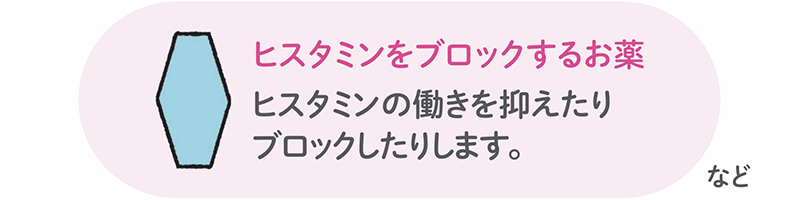 ヒスタミンをブロックするお薬 ヒスタミンの働きを抑えたりブロックしたりします。など