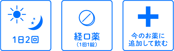1日2回　経口薬（1回1錠）　抗ヒスタミン薬に追加して飲む