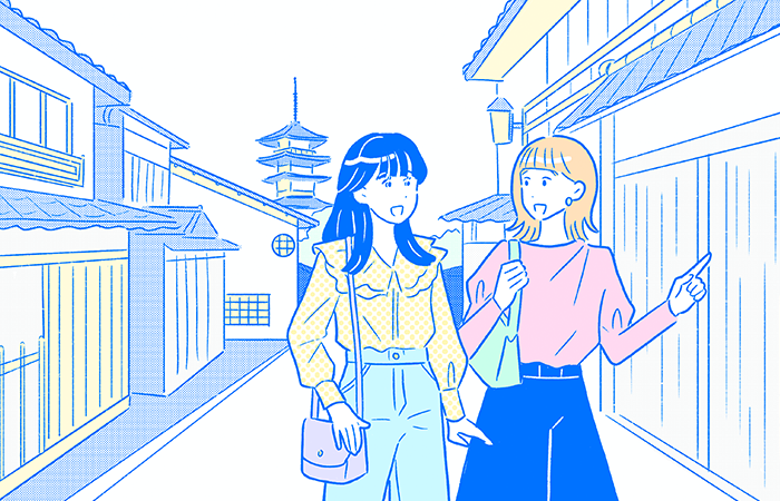 鈴木さんが友達と旅先を楽しんでいる様子のイラスト