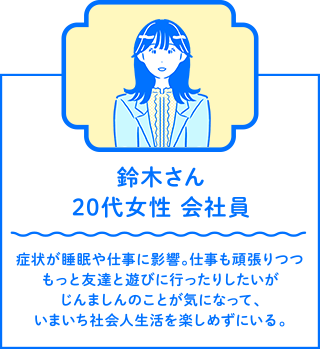 鈴木さん 20代女性 会社員　症状が睡眠や仕事に影響。仕事も頑張りつつもっと友達と遊びに行ったりしたいがじんましんのことが気になって、いまいち社会人生活を楽しめずにいる。
