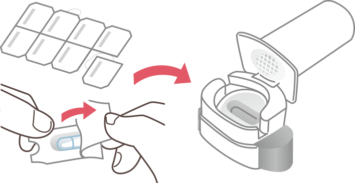 イメージ： 吸入器（ブリーズヘラー®）のキャップを外し、マウスピース（吸入口）を開け、アルミシートから取り出したカプセル１つをカプセル充填部（穴）に入れます