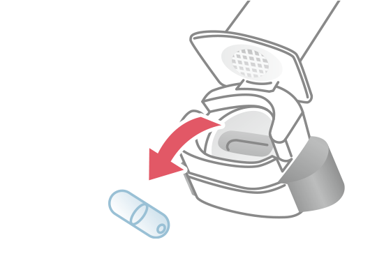 イメージ：本体を横に倒して空のカプセルを捨て、マウスピース（吸入口）を閉じてキャップを元に戻す